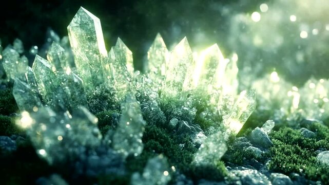 Sparkling Crystals on Mossy Ground in Nature Scene
