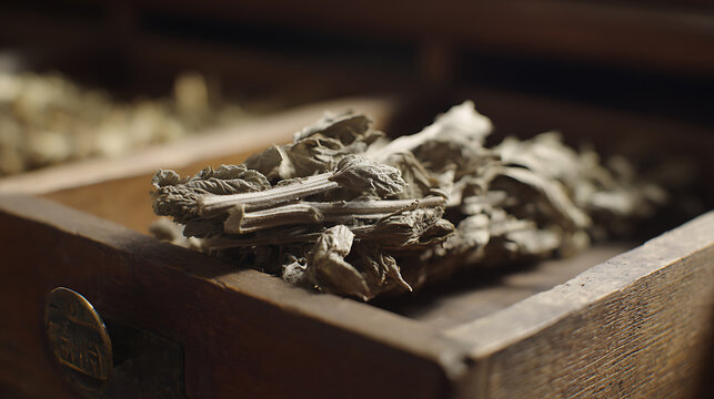 Dried herbs in wooden drawer emphasizing teamwork and professional collaboration