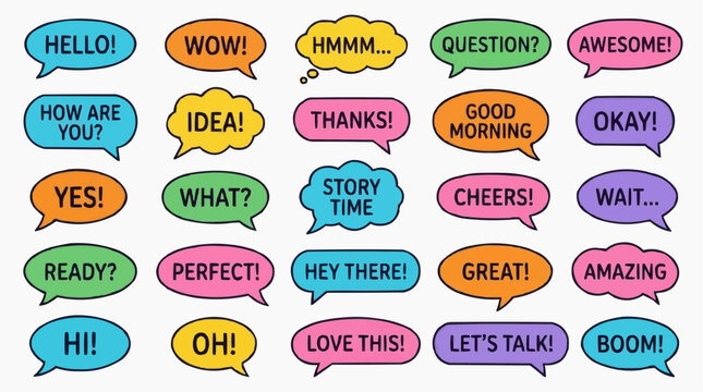 A colorful vector graphic of speech bubbles with various phrases and expressions