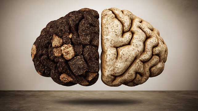Split brain model with contrasting textures emphasizing modern lifestyle and connectivity