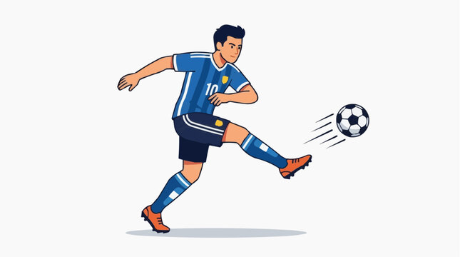 A cartoon illustration of a soccer player kicking a ball in a dynamic pose