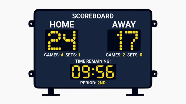 A digital scoreboard displaying the score of a game with a dark blue background and yellow numbers