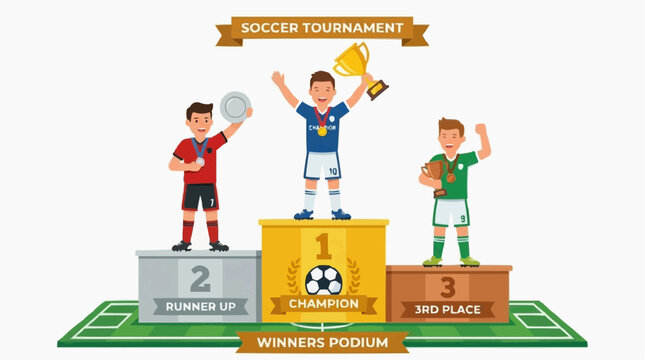 A colorful illustration of a soccer tournament winners podium with three players standing on it
