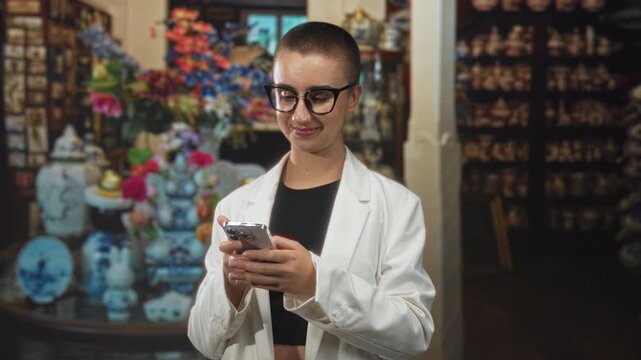 Woman holding smartphone and showing thumbs up while smiling in a ceramics shop building; confidence discovery.