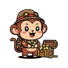 Fototapeta premium Monkey Holding Gold Coins Treasure.