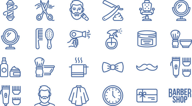 Various blue icons related to barber tools and grooming on a white background