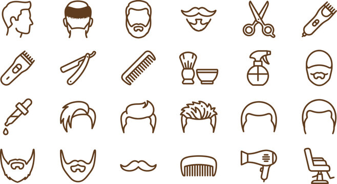 Brown icons of hairstyles, facial hair, and barber tools on a white background