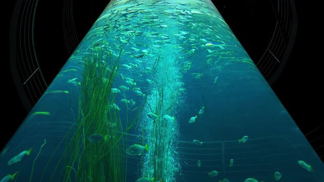 a massive cylindrical aquarium tank filled with schools of fish and rising bubbles