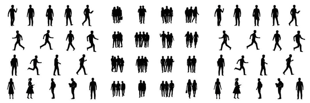 Set and collection of group of people silhouettes isolated on white transparent png background