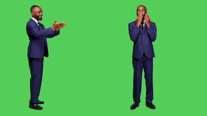 Cheerful romantic office worker sending air kisses posing over full body green screen backdrop,...