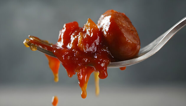 Tomato hot sauce drops to the sausage in slow motion, tomato ketchup with meat, sausage on fork, Full HD 120fps Prores HQ