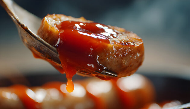 Tomato hot sauce drops to the sausage in slow motion, tomato ketchup with meat, sausage on fork, Full HD 120fps Prores HQ