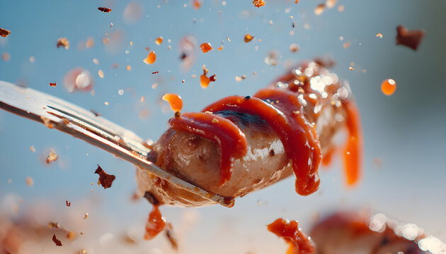 Tomato hot sauce drops to the sausage in slow motion, tomato ketchup with meat, sausage on fork, Full HD 120fps Prores HQ