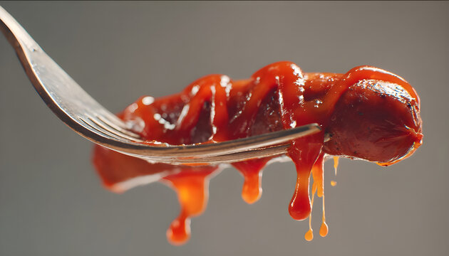 Tomato hot sauce drops to the sausage in slow motion, tomato ketchup with meat, sausage on fork, Full HD 120fps Prores HQ