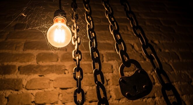 Moody, dimly lit close-up with a glowing bulb, chains and padlock against brick wall