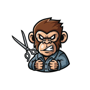 Angry monkey with scissors in hand.
