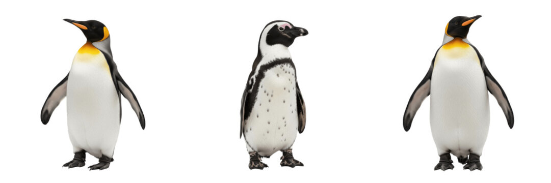 Set and collection of small penguin isolated on white transparent png background