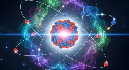 Naklejka premium Vibrant atomic structure with colorful electron orbits in space
