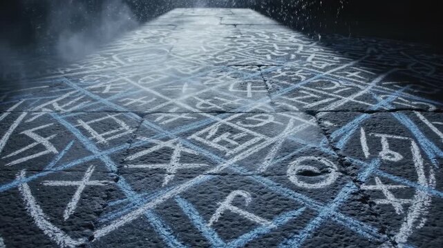A mysterious and moody scene of chalk graffiti on a dark floor with a beam of light shining down.