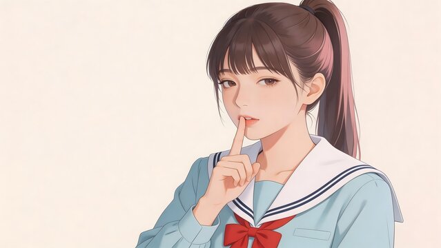 Anime girl in sailor uniform with finger to lips