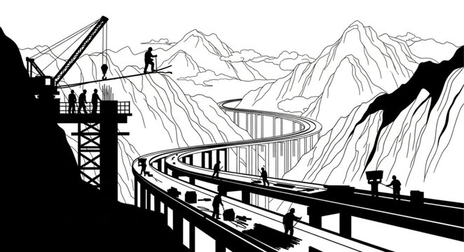 Construction of a massive elevated highway curving through mountainous terrain with workers and cranes.