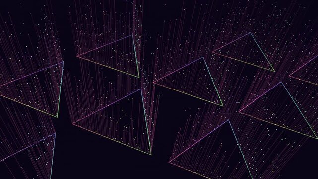 Abstract futuristic footage of neon triangle outlines and vertical particle trails on dark background, digital data flow concept for technology, science, and innovation