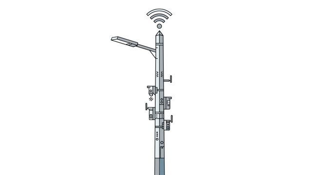A detailed technical illustration depicts a telecommunications pole featuring multiple cameras sensors and a prominent wireless signal icon at the very top.