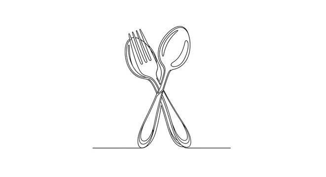 Simple single-line drawing of a crossed fork and spoon on a white background