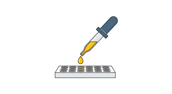 A scientific dropper dispenses a vibrant yellow liquid into a specific well of a gray laboratory testing plate against a clean white background.