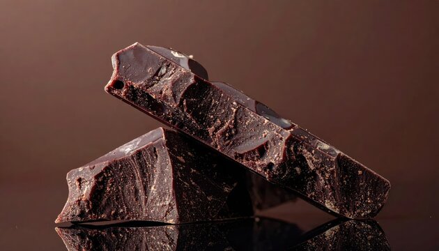 Rich dark chocolate pieces on reflective brown surface