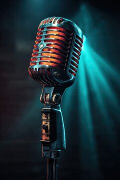Vintage microphone with glowing neon lighting effect