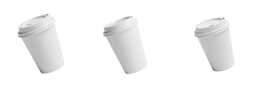 Set and collection of tall white disposable coffee cup isolated on white transparent png background