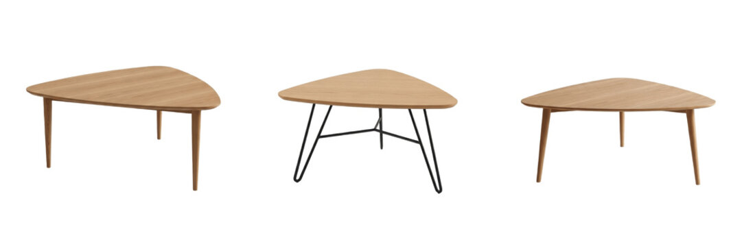 Set and collection of light wood triangular coffee table isolated on white transparent png background