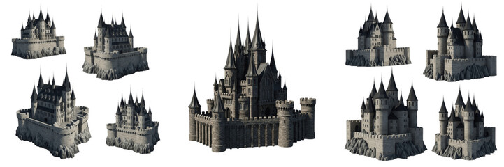 Set and collection of dark grey castle silhouette isolated on white transparent png background © prettyshots