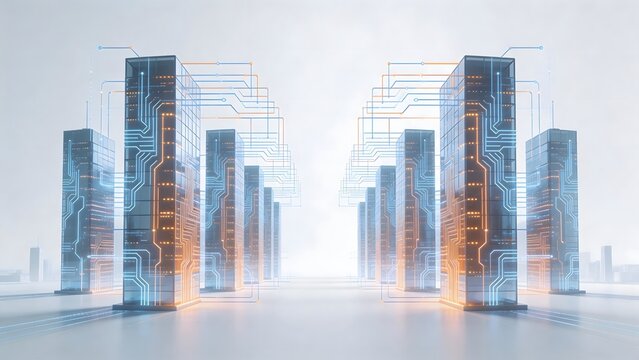 Futuristic server towers with glowing circuits