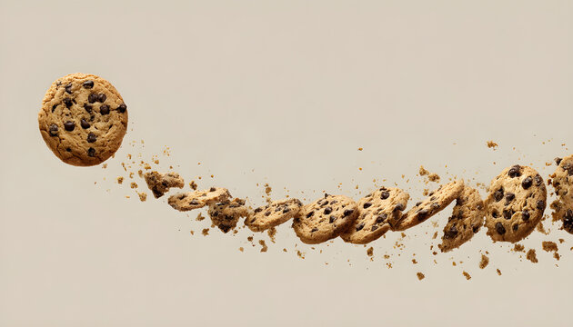 Trail of crumbs leading to chocolate chip cookie. Concept film clip with sliding motion.