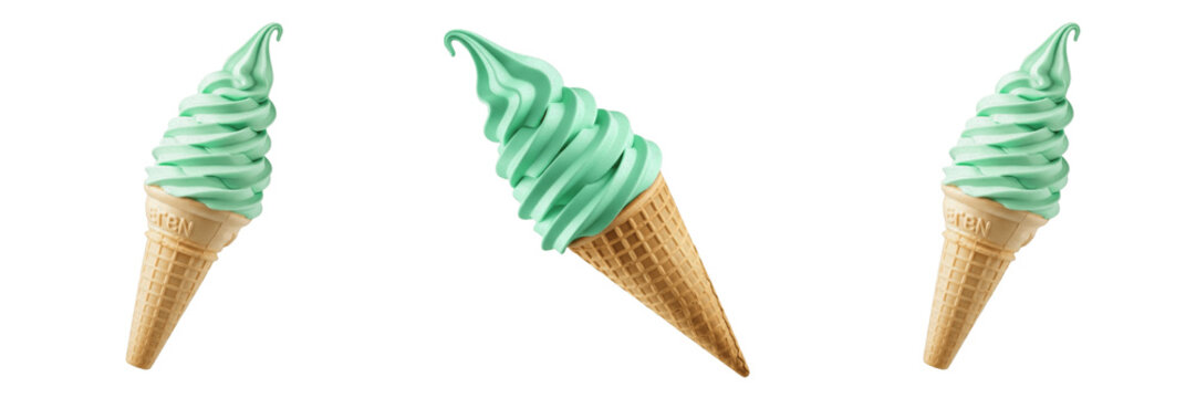 Set and collection of mint green ice cream cone isolated on white transparent png background