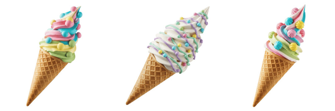Set and collection of colorful ice cream cone isolated on white transparent png background