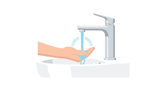 A meticulous illustration of a human hand activating a modern touchless silver faucet with a steady stream of blue water in a pristine white bathroom.