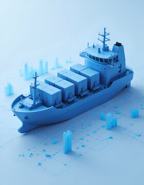 Blue cargo vessel sailing on a conceptual data network surface