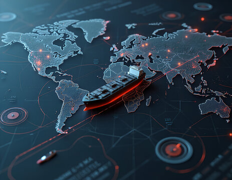 Global shipping network with cargo vessel on world map display