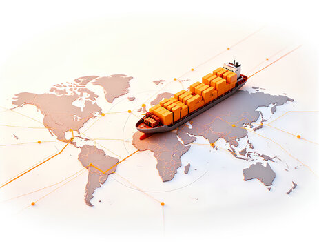 Global Cargo Ship on World Map Illustrating Shipping Routes