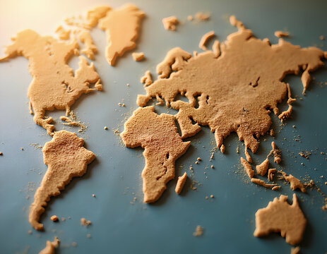 Earthy textured world map on a blue background with warm light