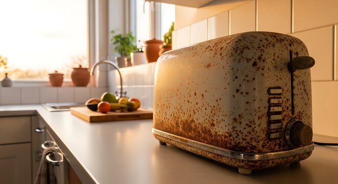 Sunlit kitchen with old, rusty toaster on countertop, fruit, and window plants in the background