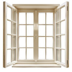 Fototapeta premium White double casement window with grid panes open wide isolated on transparent background