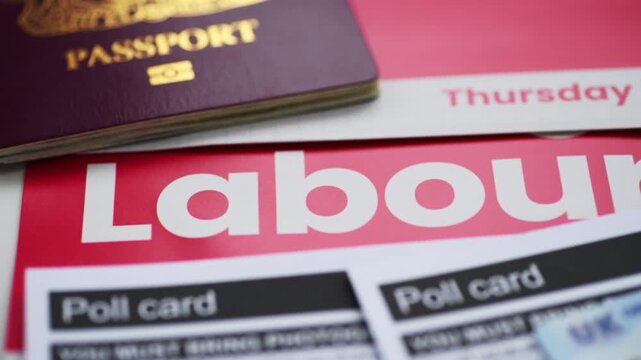 A macro close up of the word Labour with poll cards, a passport and a driving licence.