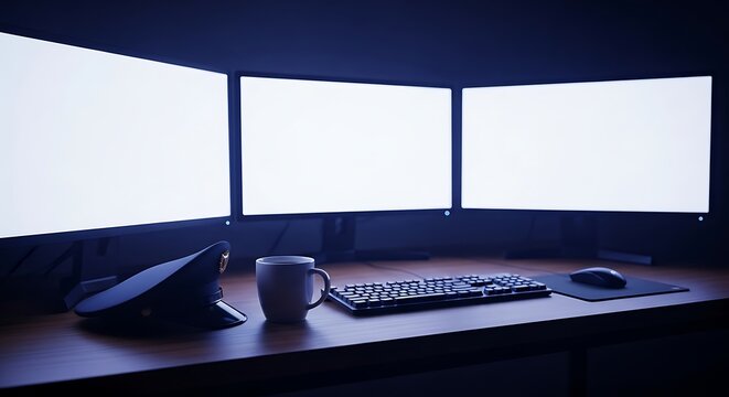 Three blank monitors on a desk, a hat, mug, keyboard, and mouse present, in a dim lit room