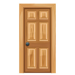 Fototapeta premium Modern light wood six-panel interior door with brass knobs isolated on transparent background