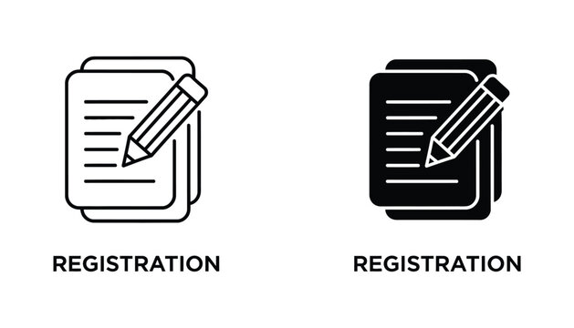 Registration form documentation icon featuring pencil writing on document stack in outline and solid black styles for business administrative tasks and online signup processes