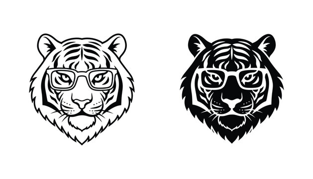 Cool tiger wearing glasses mascot icon set featuring intelligent feline character in both outline and solid black styles for educational branding and smart wildlife apparel graphic design concepts